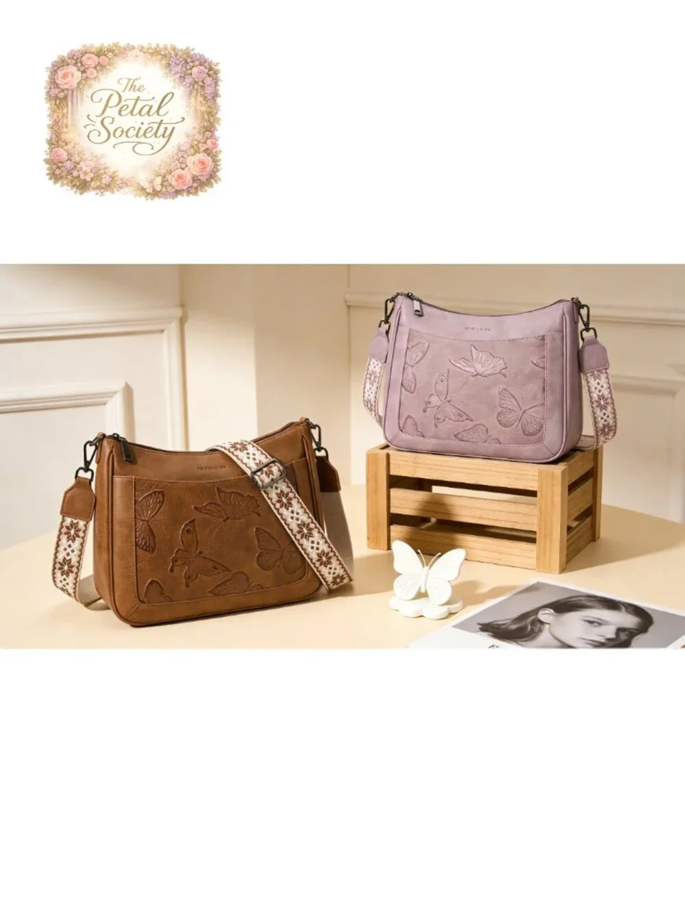 Vegan Leather Crossbody Hobo Purse with Butterfly Print, Adjustable Strap